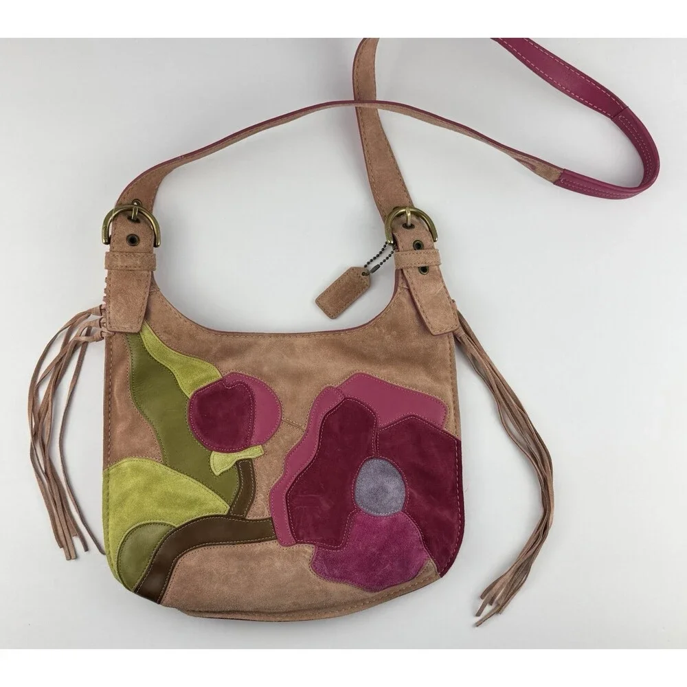 2004 COACH POPPIES SUEDE LEATHER HIPPIE BAG PINK SHOULDER CROSS BODY HOBO